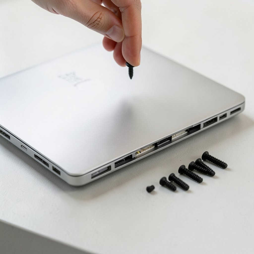 Open laptop base with tiny screws laid out beside it
