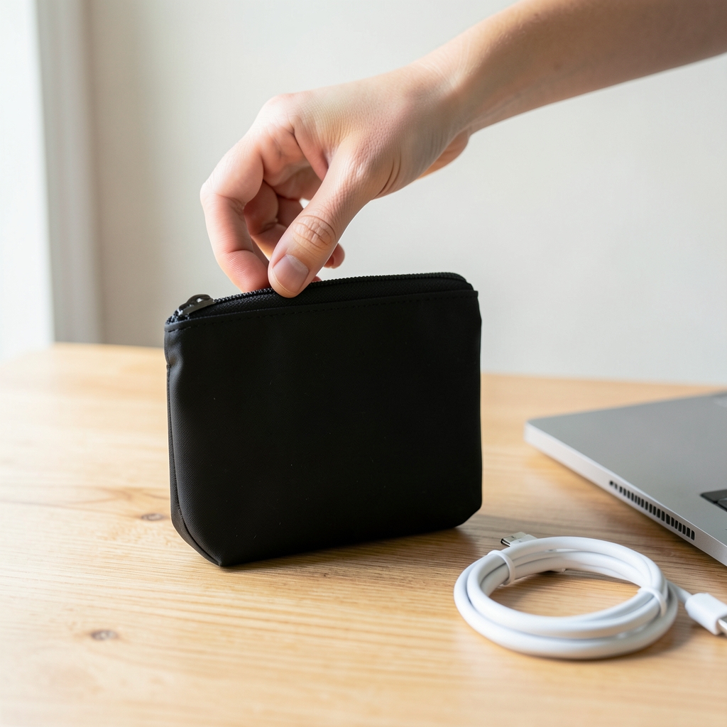 Small zip pouch on a desk next to a laptop and cables